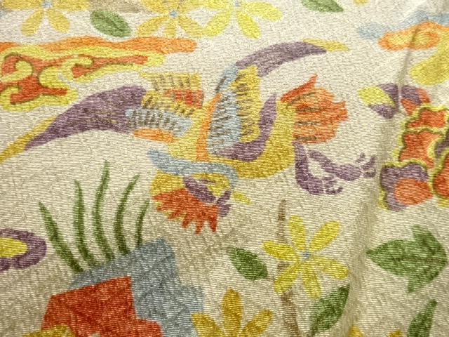 アンティーク　型染花鳥模様着物